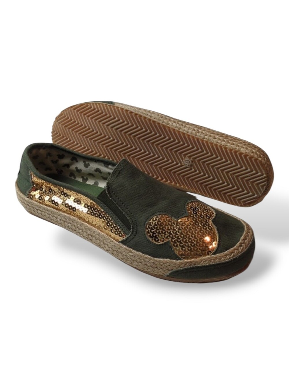 Disney Mickey Mouse Women's Olive Green Gold Sequin Espadrille Slip On Shoes 10